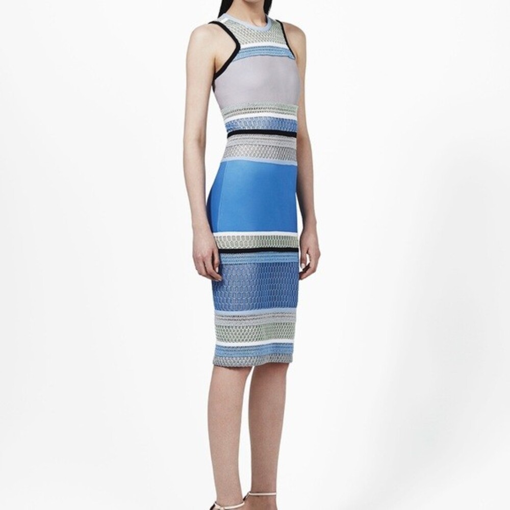 Jonathan Simkhai Dress Blue Green Crochet Stripe Pastel Sleeveless Midi Pencil
